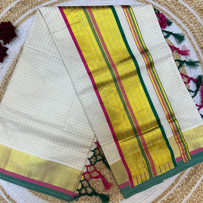 Kerala Vishu Sari Indian hand Printed Kasavu Onam Saree C36 Col 6