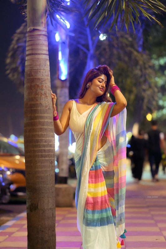 MUL Cotton Maroon Rainbow Sari Indian casual Saree C25