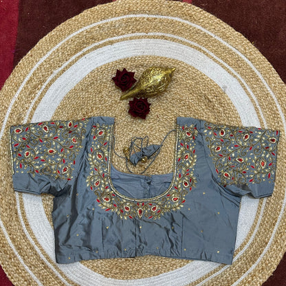 L44” Size 14 Aari Worked Sari Blouse Indian Saree Top Silver B260