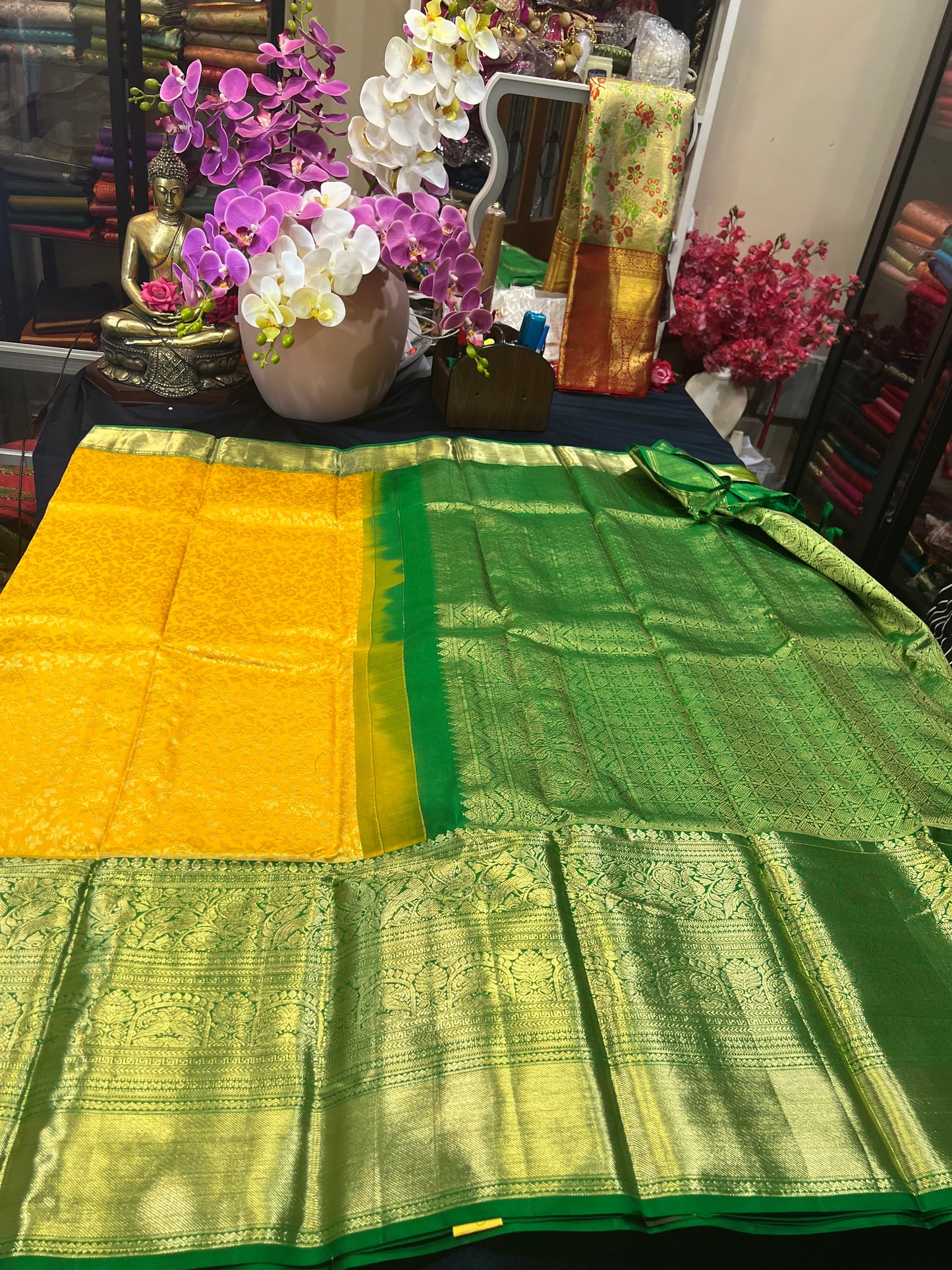 Kanchipuram Pure Silk Saree Yellow & Green Kanjivaram Sari| SPK087