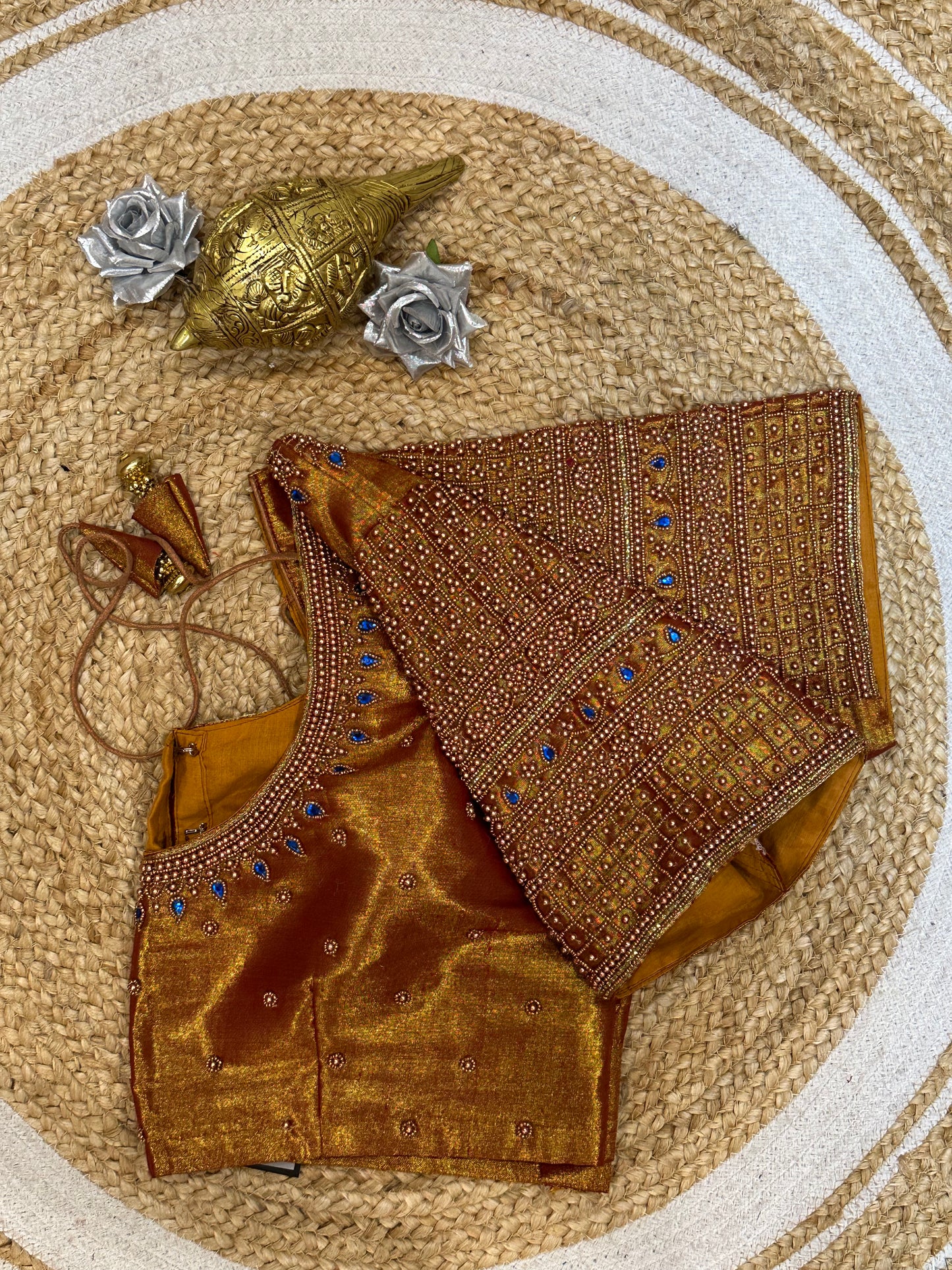 44” Size 14 Aari Worked Sari Blouse Indian Saree Top Tissue Silk B134