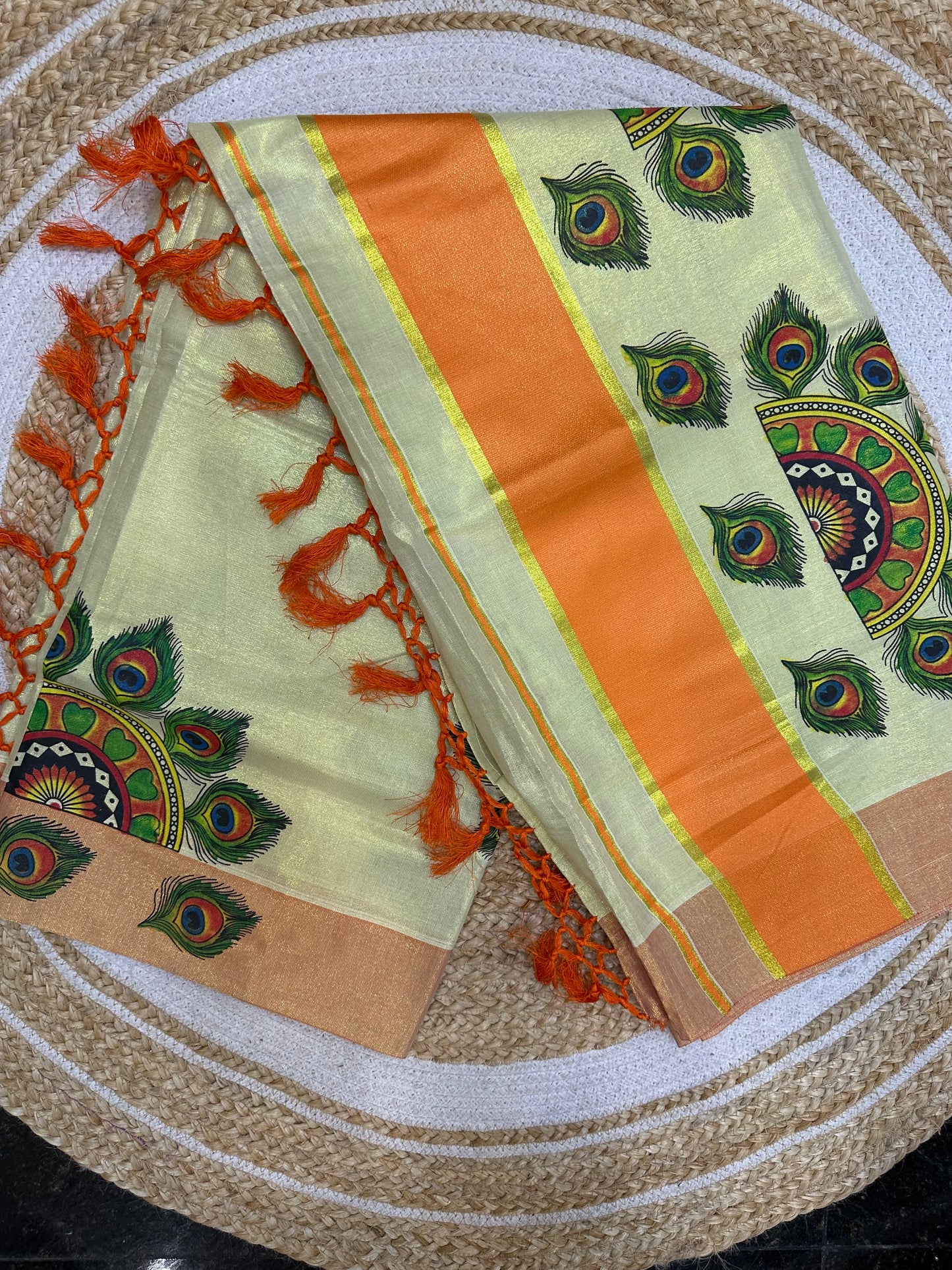 Kerala Vishu Sari Indian Cream Tissue hand Printed Kasavu Onam Saree C18