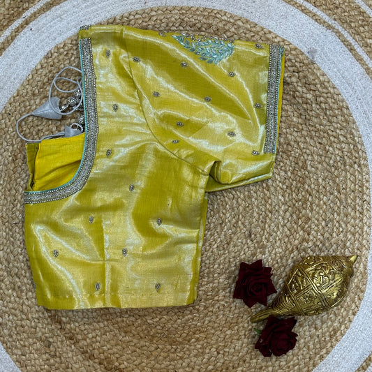 L44” Size 14 Aari Worked Sari Blouse Indian Saree Top Metallic Yellow B261