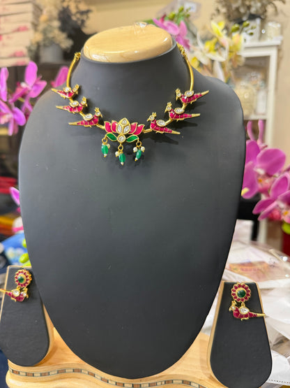 Indian Brass Necklace & Earrings Jewellery Set Lotus and Birds N61