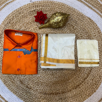 Kids Indian Boyswear Velcro Vesti & Shirt combo Orange Cream Dhotti V10
