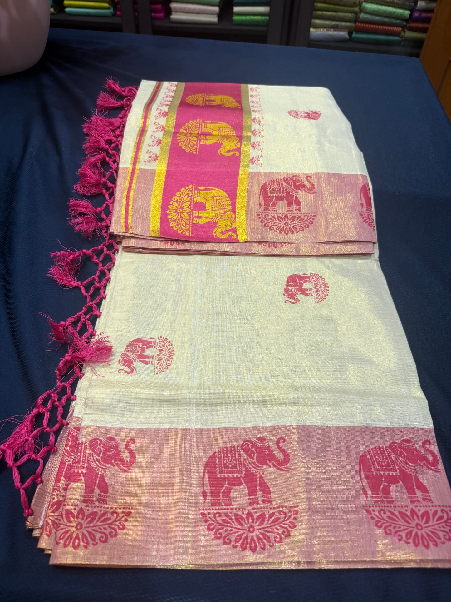 Pink Elephant Kerala Vishu Sari Indian Cream Tissue Saree C7