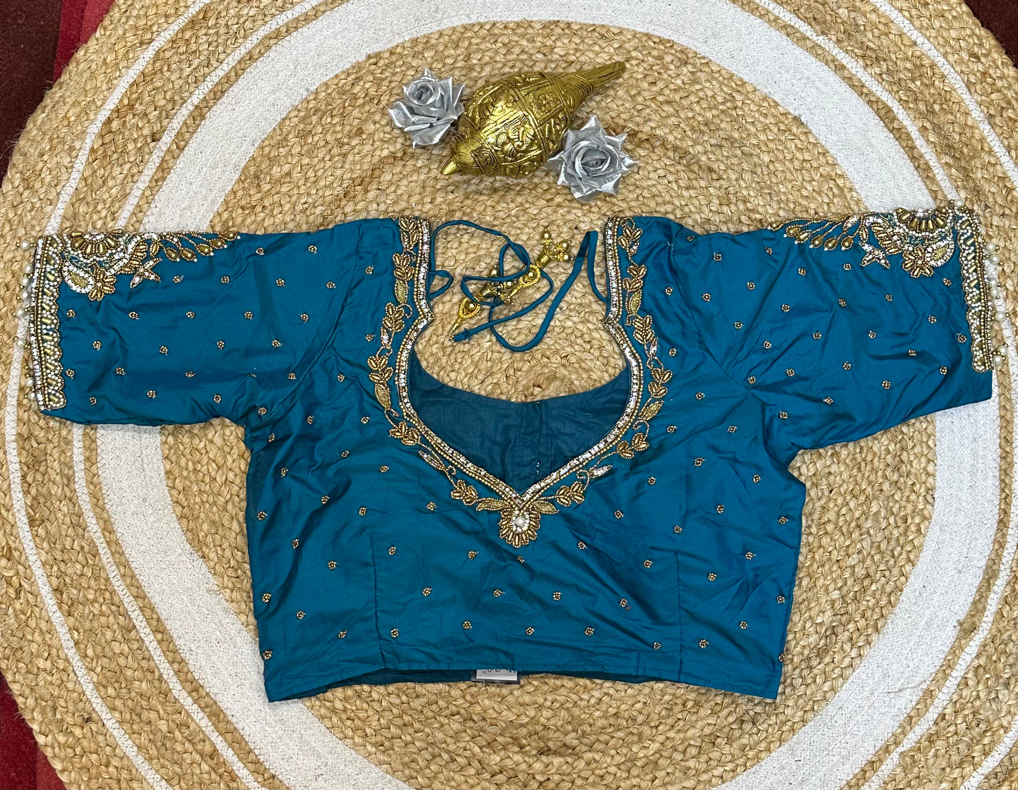 38” M Size 8 Aari Worked Sari Blouse Indian Saree Top Blue B179