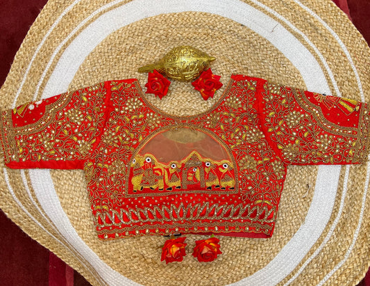 40” Bridal Aari hand Worked Sari Blouse Indian Top Choli Silk Red B35
