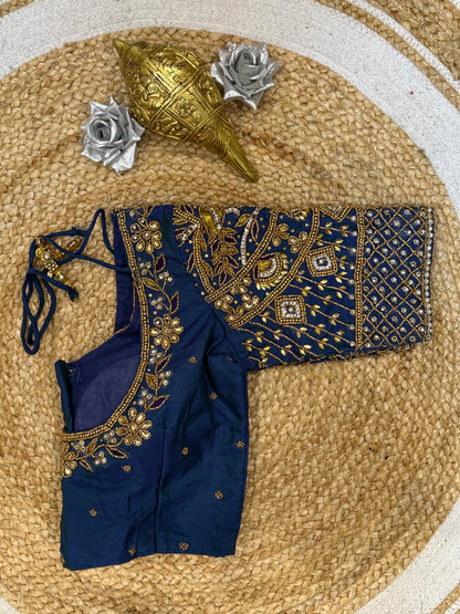 34” XS Aari Worked Sari Blouse Indian Saree Top Silk Blue B110