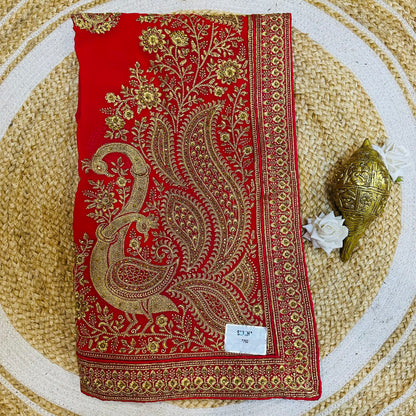 Georgette Sari Indian Fancy Party wear Saree Red V3