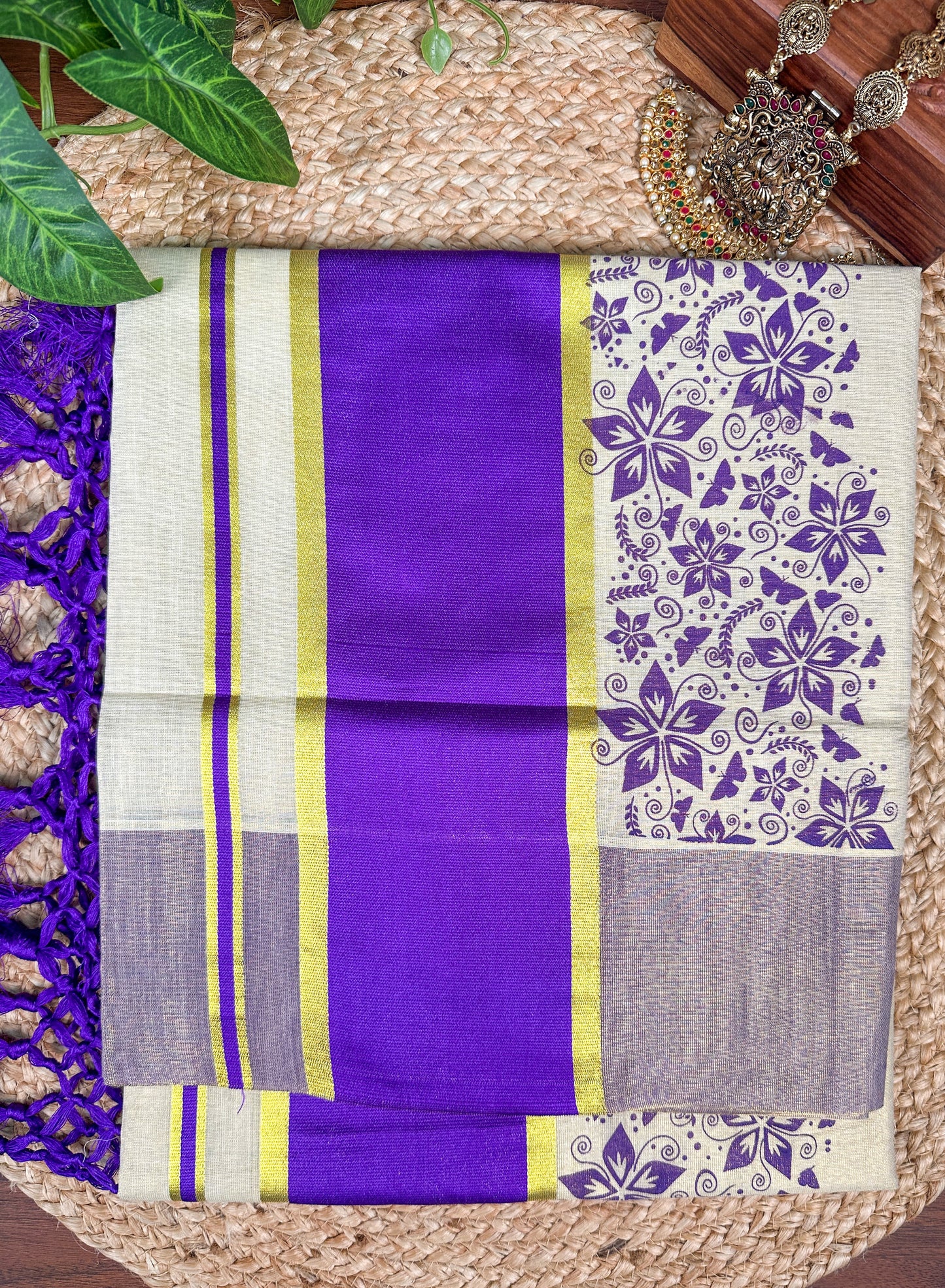 Plum Wine Kerala Vishu Sari Indian Premium Cream Saree C7