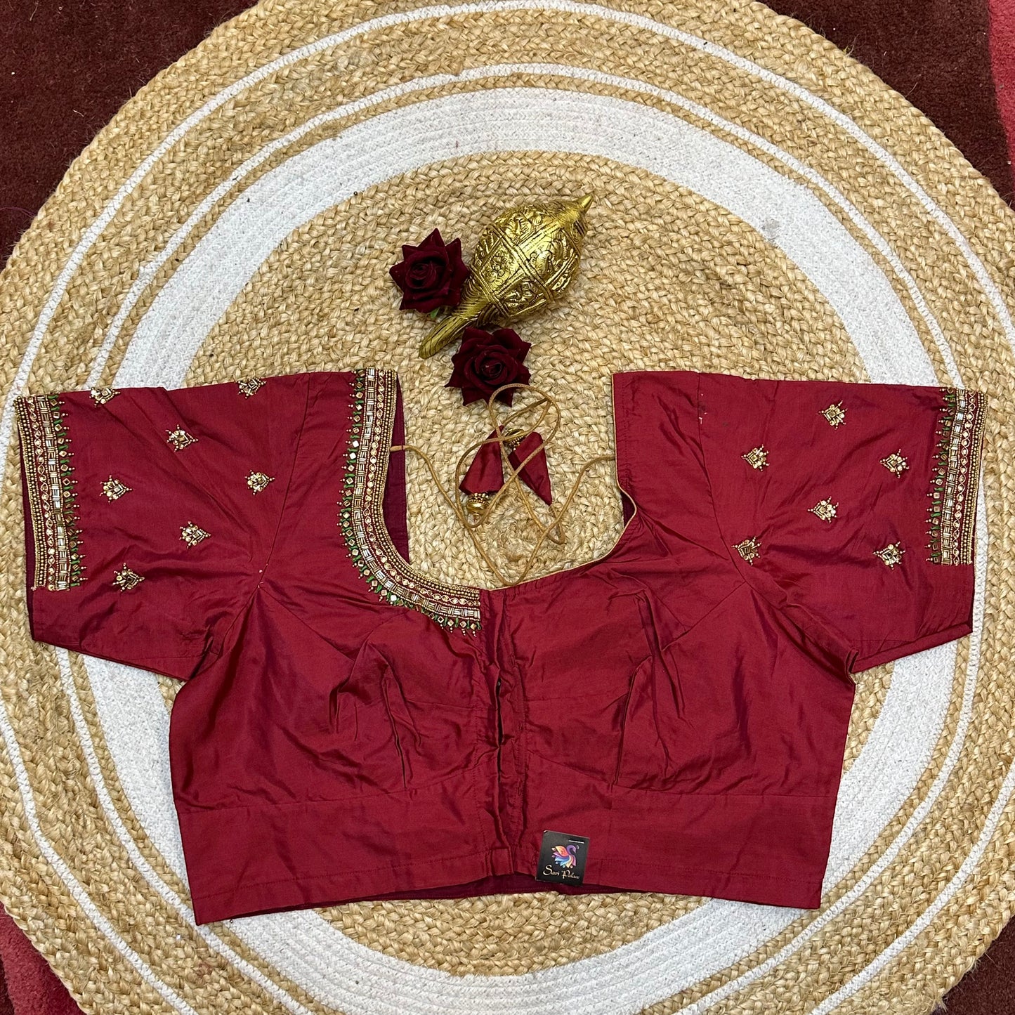 44” Size 14 Aari Worked Sari Blouse Indian Saree Top Metallic Red B262