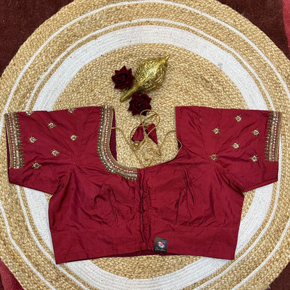 44” Size 14 Aari Worked Sari Blouse Indian Saree Top Metallic Red B262