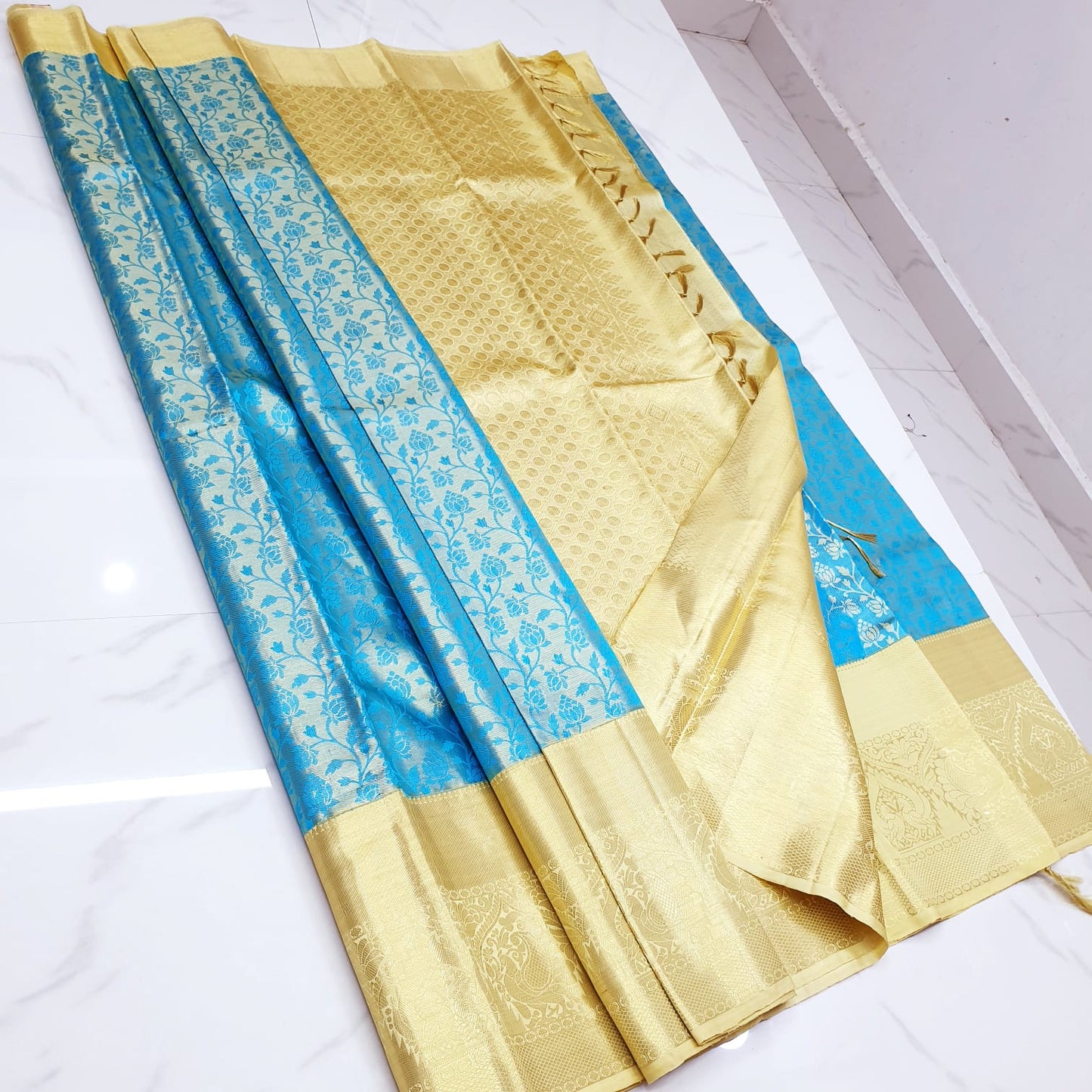 Bridal Kanchipuram Pure Silk Saree Blue Cream Kanjivaram Sari| SPK178