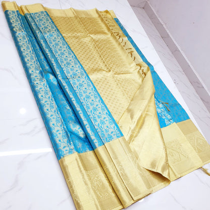Bridal Kanchipuram Pure Silk Saree Blue Cream Kanjivaram Sari| SPK178