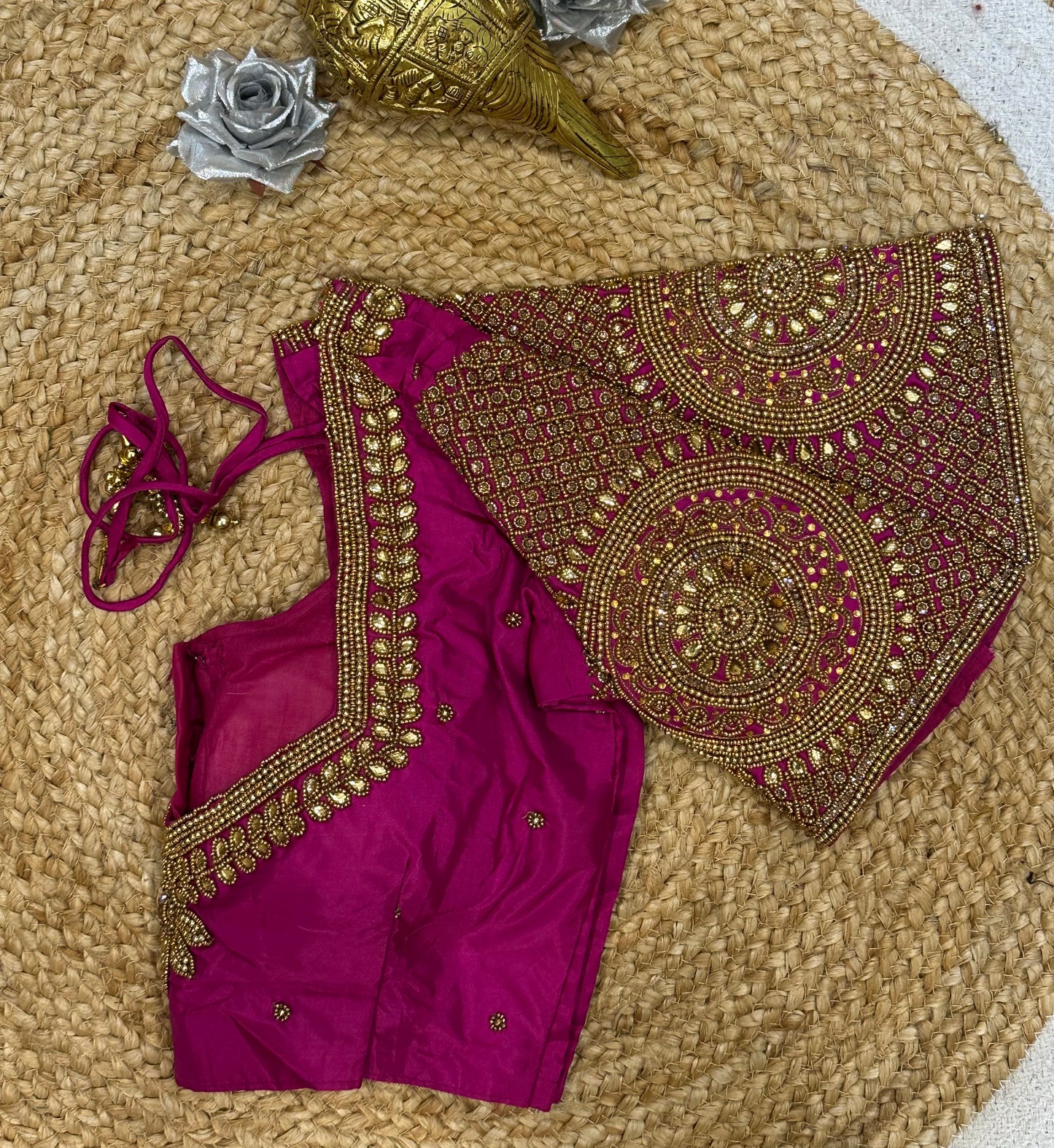 34” XSmall Aari Worked Sari Blouse Indian Saree Top Silk Pink B126