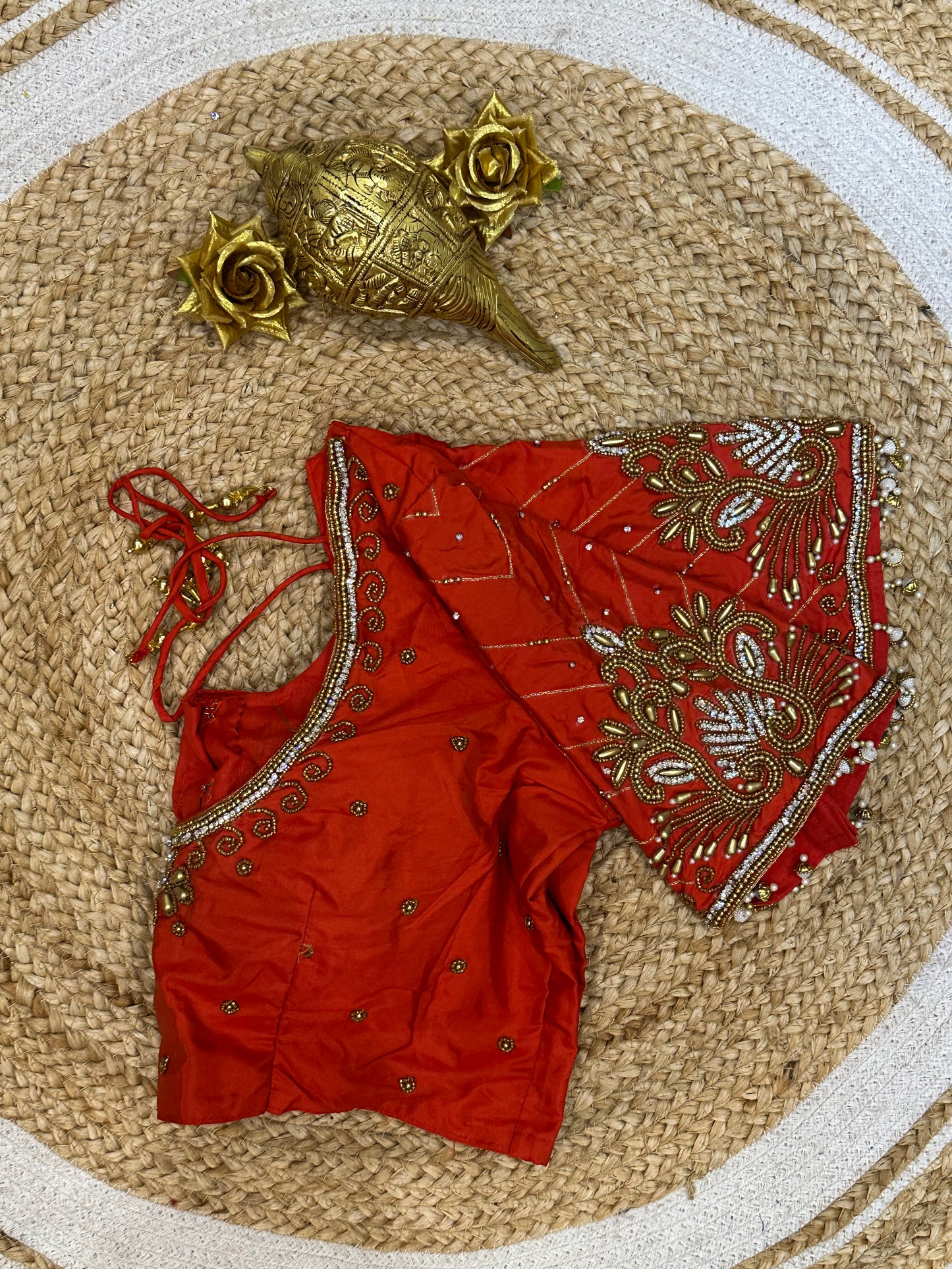 40” Size 10 Aari Worked Sari Blouse Indian Saree Top Silk Orangey Red B87