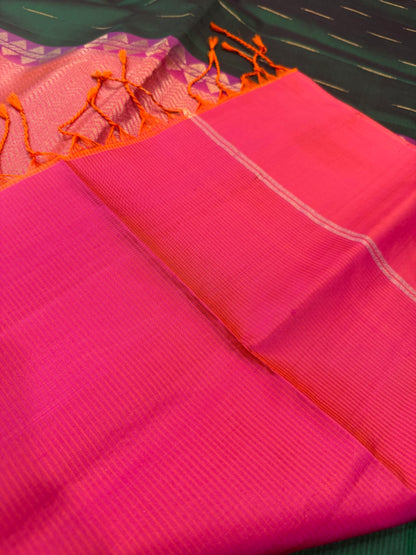 Kanchipuram Soft Silk Saree Pure Silk Sari Green Orange Colour | SS2