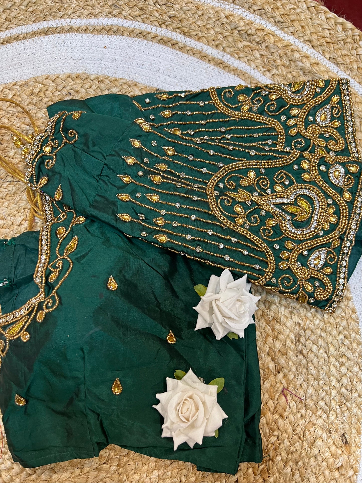 40” Aari hand Worked Sari Blouse Indian Top Choli Silk Green B25