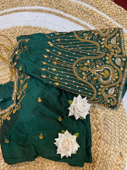 40” Aari hand Worked Sari Blouse Indian Top Choli Silk Green B25