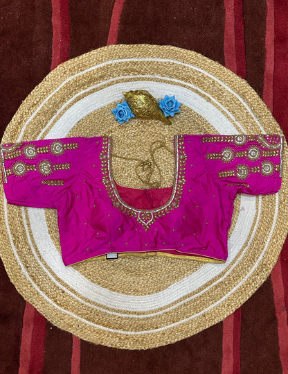 46” Size 16 Aari Worked Sari Blouse Indian Saree Top Silk Rani Pink B196