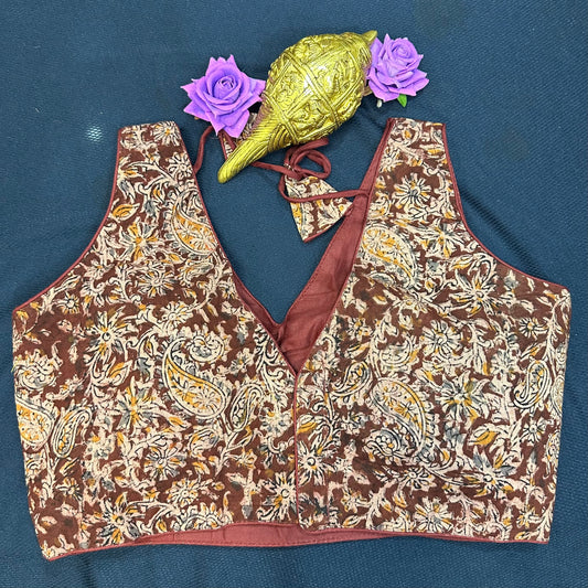 Maroon Cotton Kalamkari 38” M Size 8 Sari Blouse Indian Saree Top B405