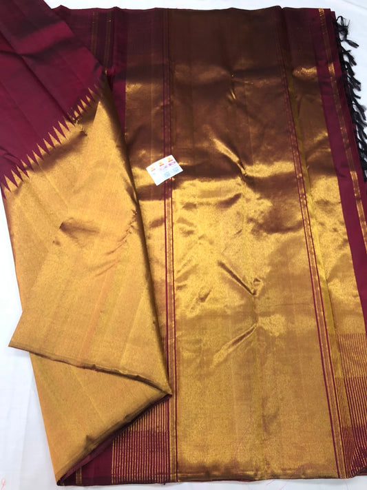 Raising Border Kanchipuram Pure Silk Saree Maroon Indian Kanjivaram Sari| SPK356