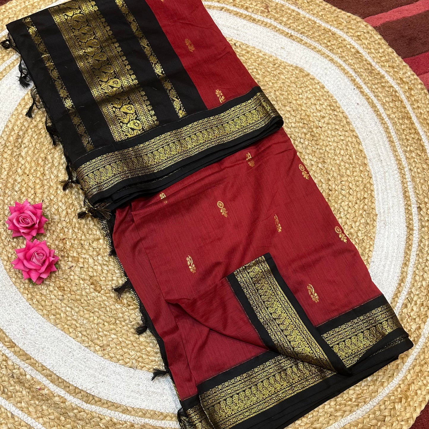 Maroon Black Kalyani Silk Cotton Traditional Sari South Indian Saree S140