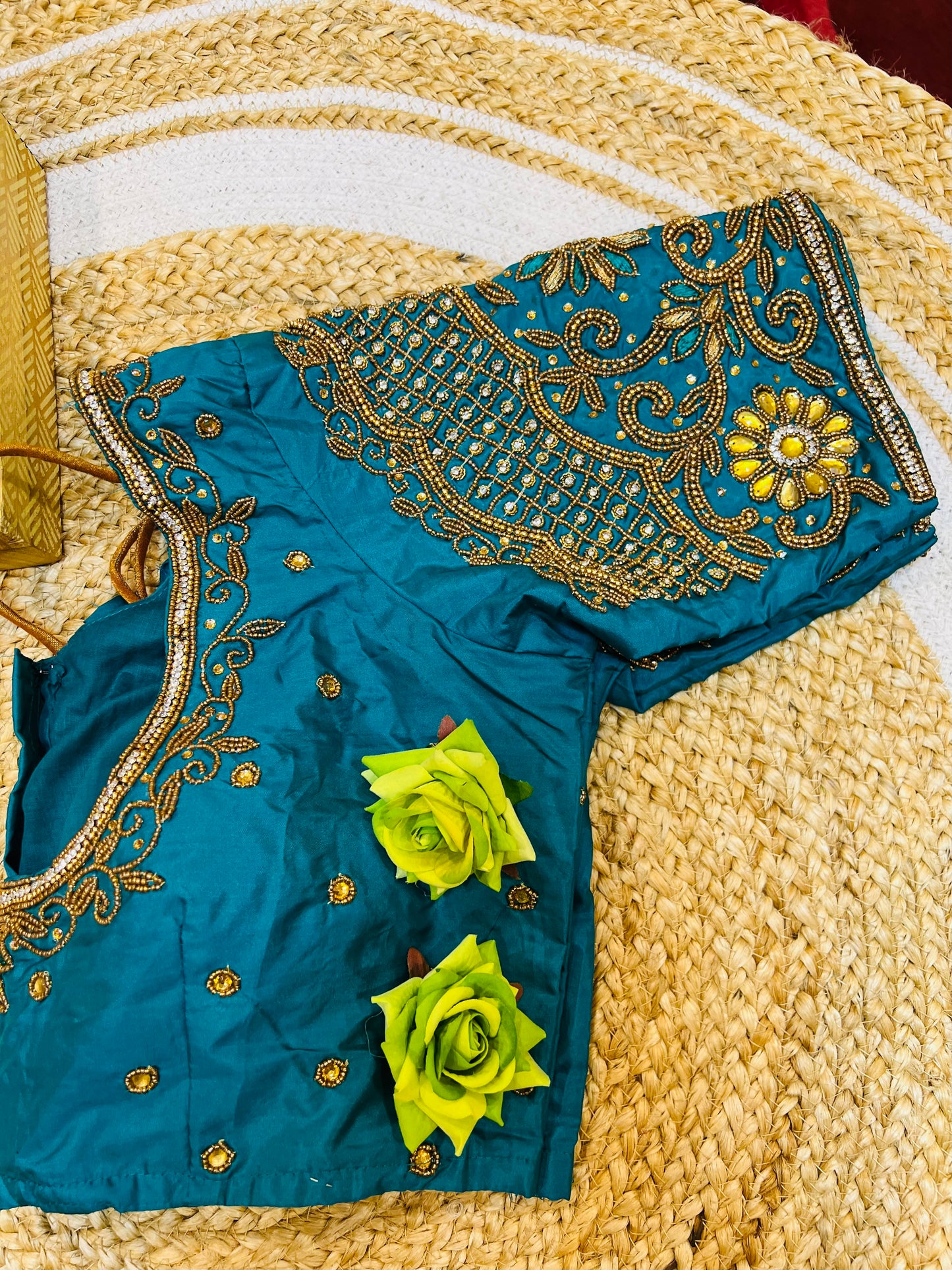 40” Bridal Aari hand Worked Sari Blouse Indian Top Choli Silk Teal Blue B42