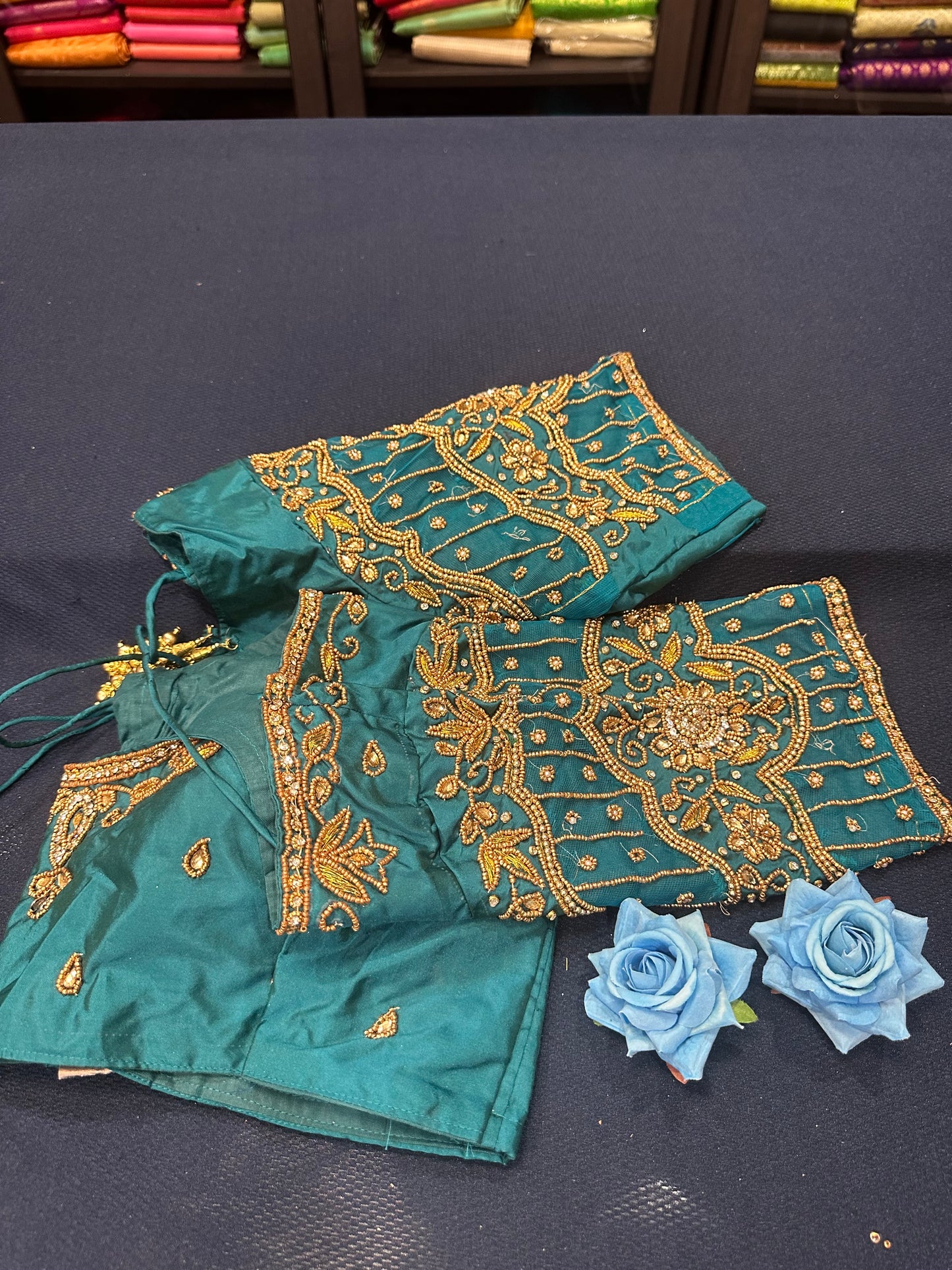 40” Aari hand Worked Sari Blouse Indian Top Choli Silk Teal Green B14