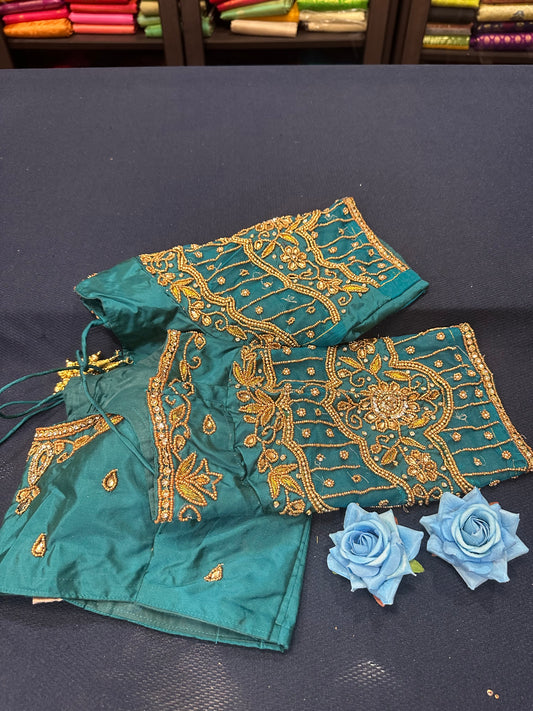 40” Aari hand Worked Sari Blouse Indian Top Choli Silk Teal Green B14