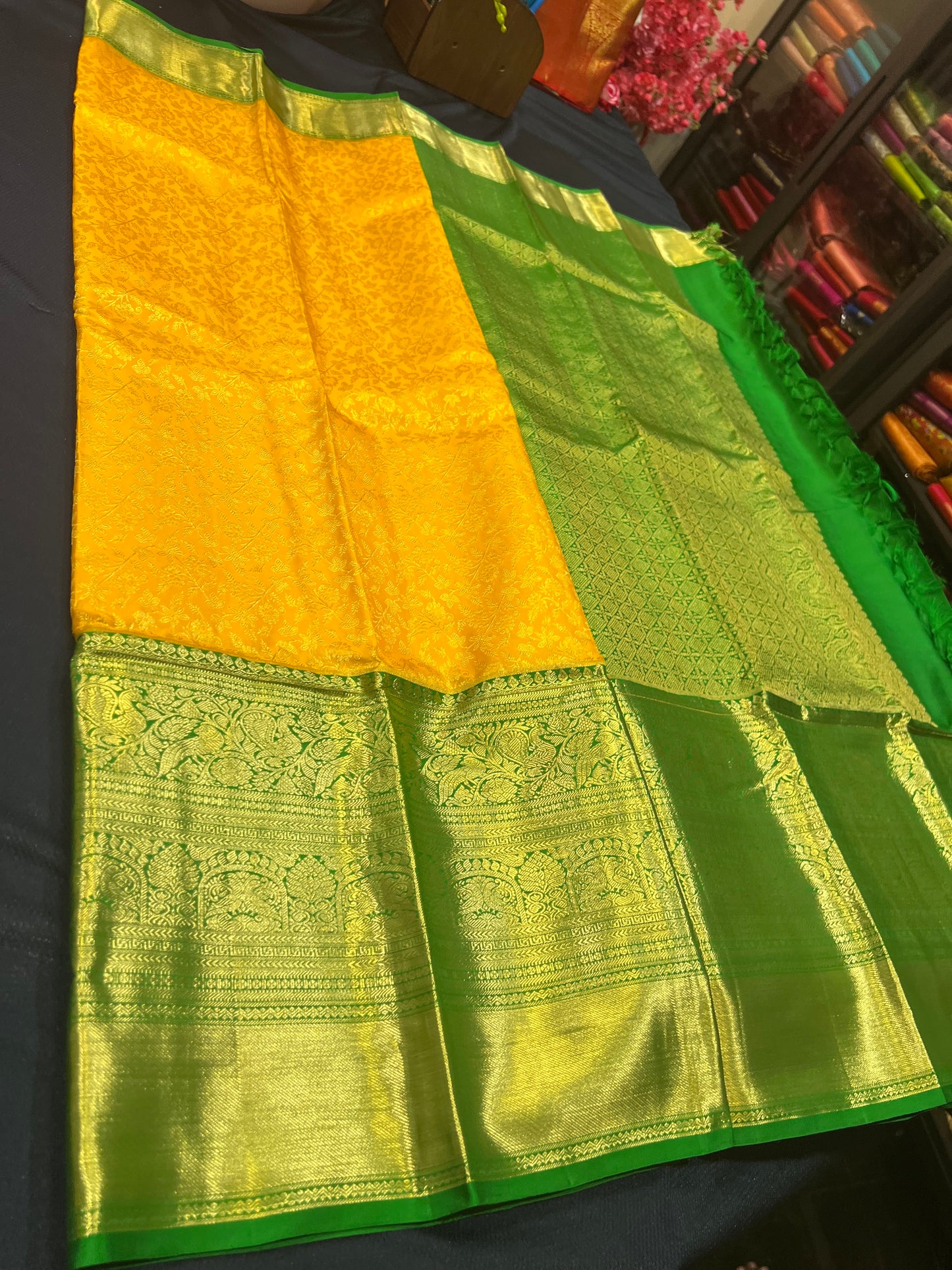 Kanchipuram Pure Silk Saree Yellow & Green Kanjivaram Sari| SPK087