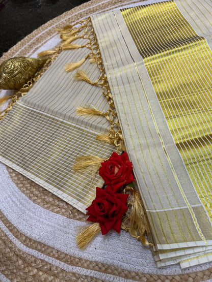 Kerala Vishu stripe Sari Indian Onam Gold Saree C17