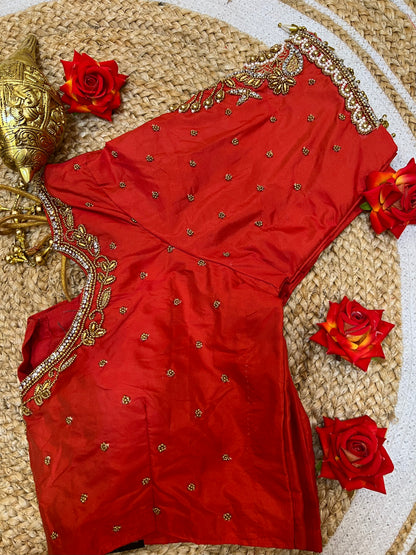 40” Bridal Aari hand Worked Sari Blouse Indian Top Choli Silk Red B36