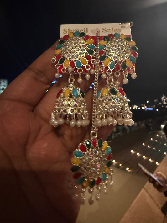 Jumka Gimikki Multi coloured Indian Earrings & Tikka Stylish Indian Jewellery E16