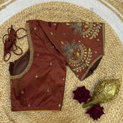 36” Small size Aari Worked Sari Blouse Indian Saree Maroon Brown B204