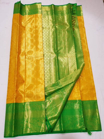 Bridal Kanchipuram Pure Silk Saree Yellow & Green Kanjivaram Sari| SPK180