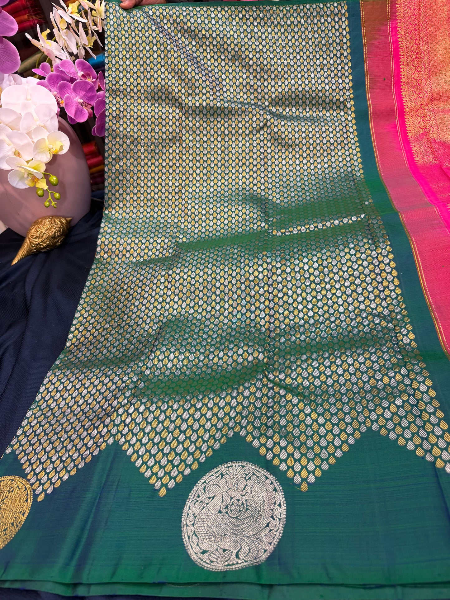 Kanchipuram Pure Silk handloom Saree Indian Kanjivaram Green Sari SPK427