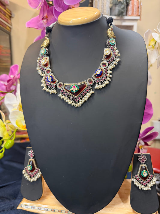 Handmade Brass Necklace with Silver polish Indian Tribal Maroon Jewellery N95