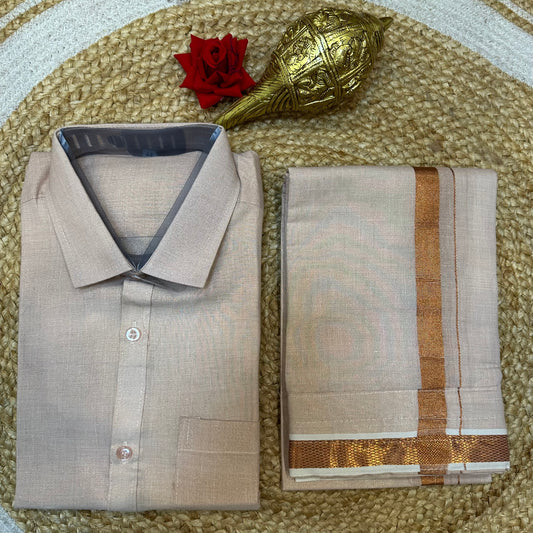 Men’s South Indian Vesti Shirt Combo Rose Gold Copper Tissue Dhotti V11