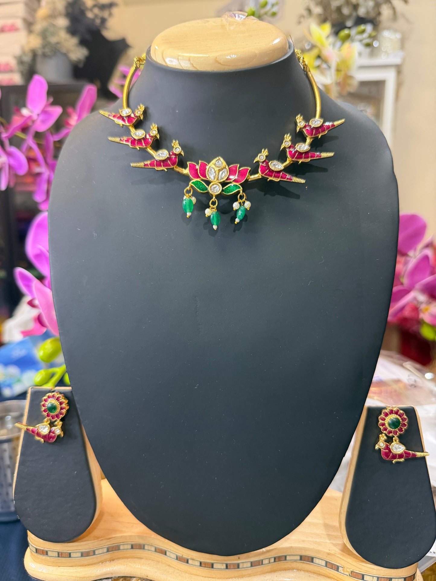 Indian Brass Necklace & Earrings Jewellery Set Lotus and Birds N61