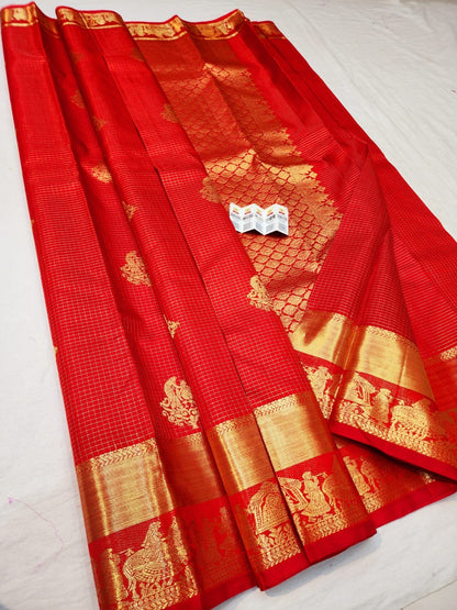 Kanchipuram Pure Silk Saree Bridal Red Checkered Kanjivaram Sari SPK255