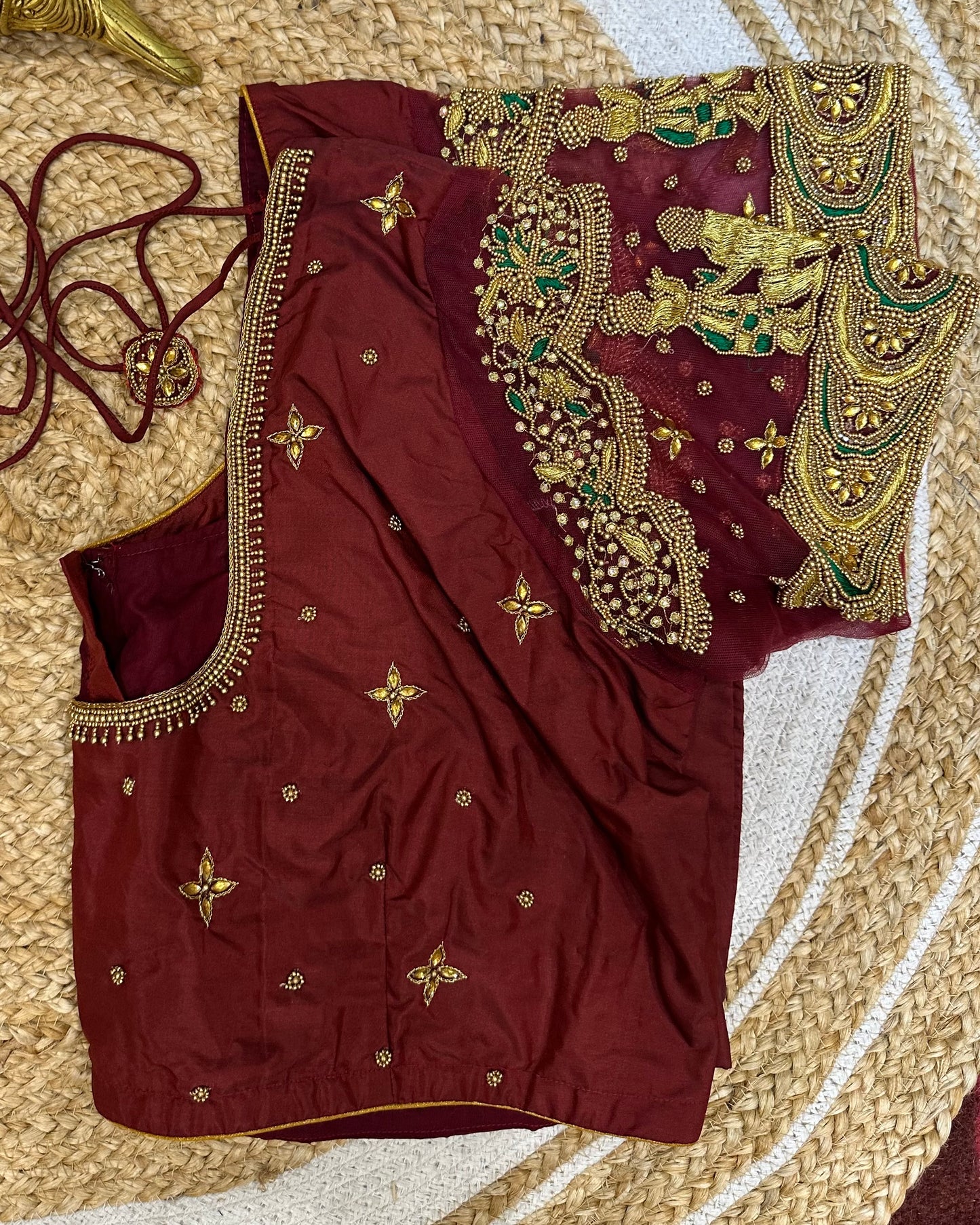 50” Size 20 Aari Worked Sari Blouse Indian Saree Top Silk Maroon B66