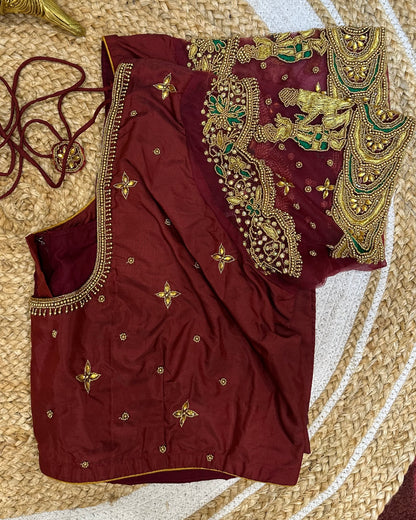 50” Size 20 Aari Worked Sari Blouse Indian Saree Top Silk Maroon B66