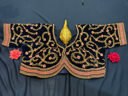 42” Navy Blue Velvet Sari Blouse Indian Top Choli B2