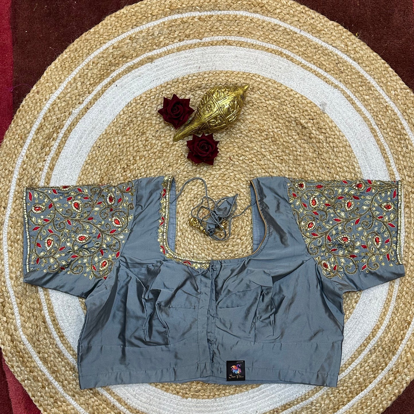 L44” Size 14 Aari Worked Sari Blouse Indian Saree Top Silver B260