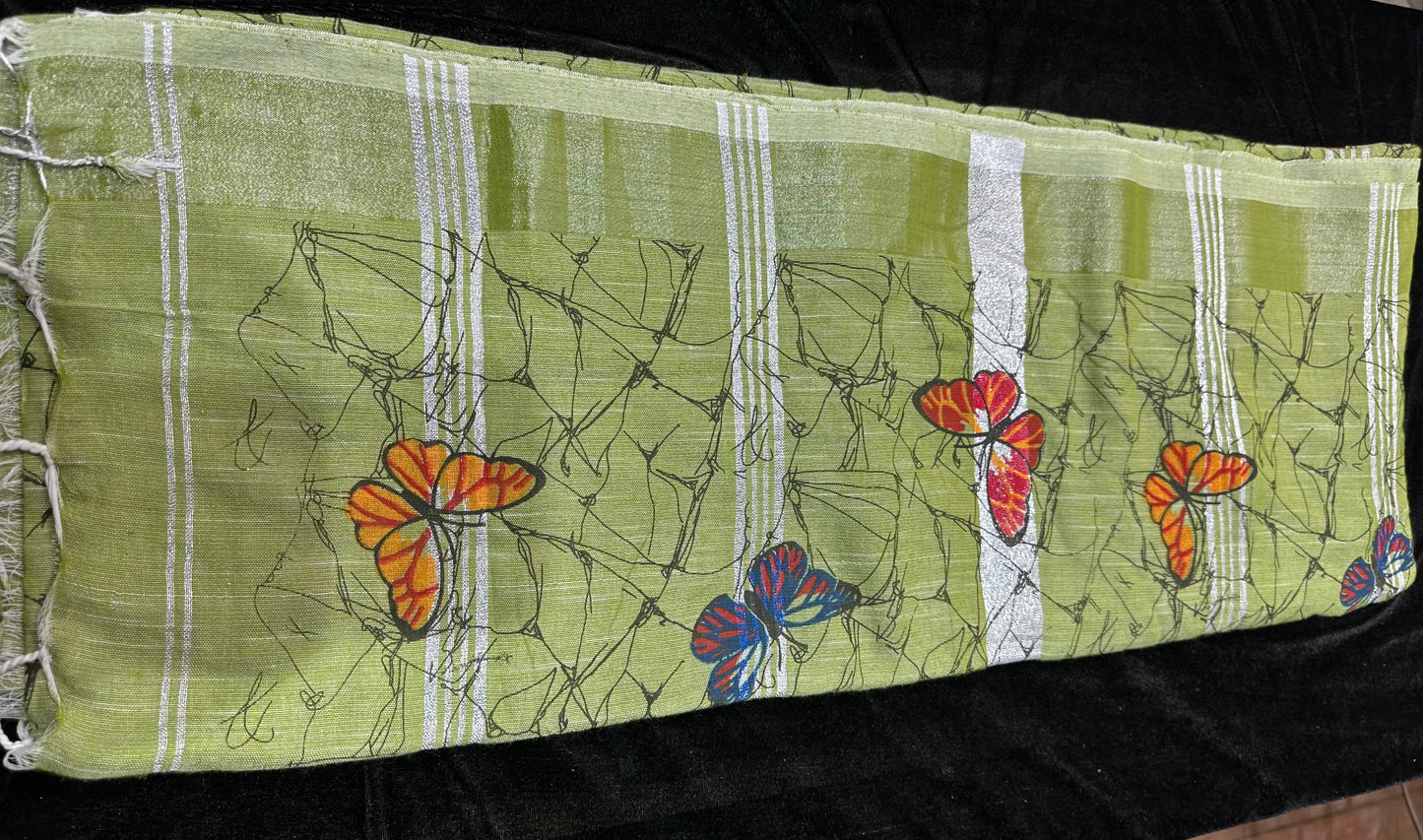 Khadi Soft Cotton Linen Sari Indian Saree Mint Green Butterfly S78