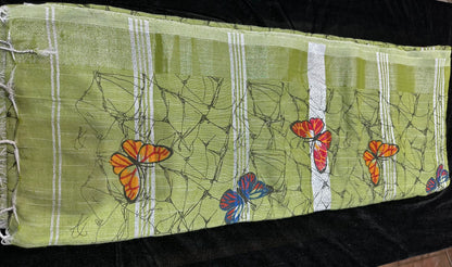 Khadi Soft Cotton Linen Sari Indian Saree Mint Green Butterfly S78