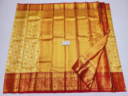 Tissue Bridal Kanchipuram Pure Silk Saree Yellow & Maroon Kanjivaram Sari| SPK113