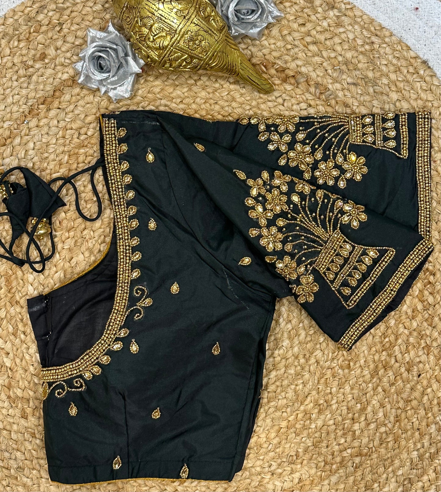 34” XS Aari Worked Sari Blouse Indian Saree Top Silk Dark Teal B122